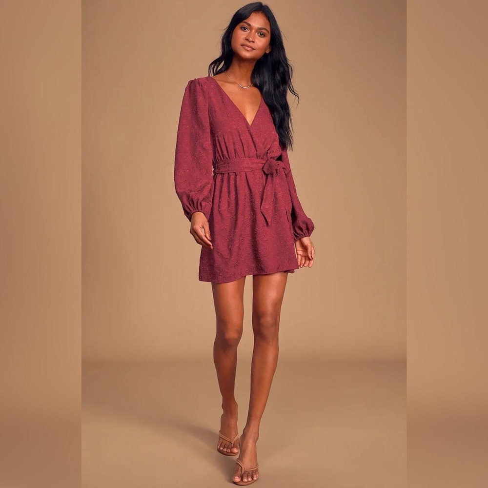 NWT LULUS It's Love Burgundy Floral Jacquard Balloon Sleeve Skater Dress
